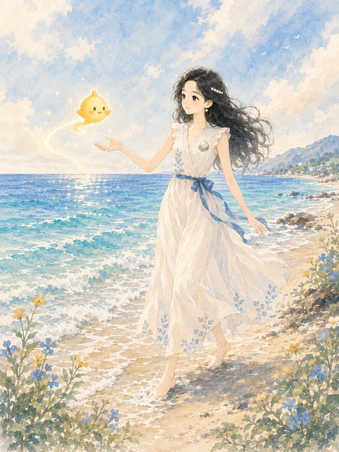 西西与小光在海边观察自然，感受海风、阳光与生命力